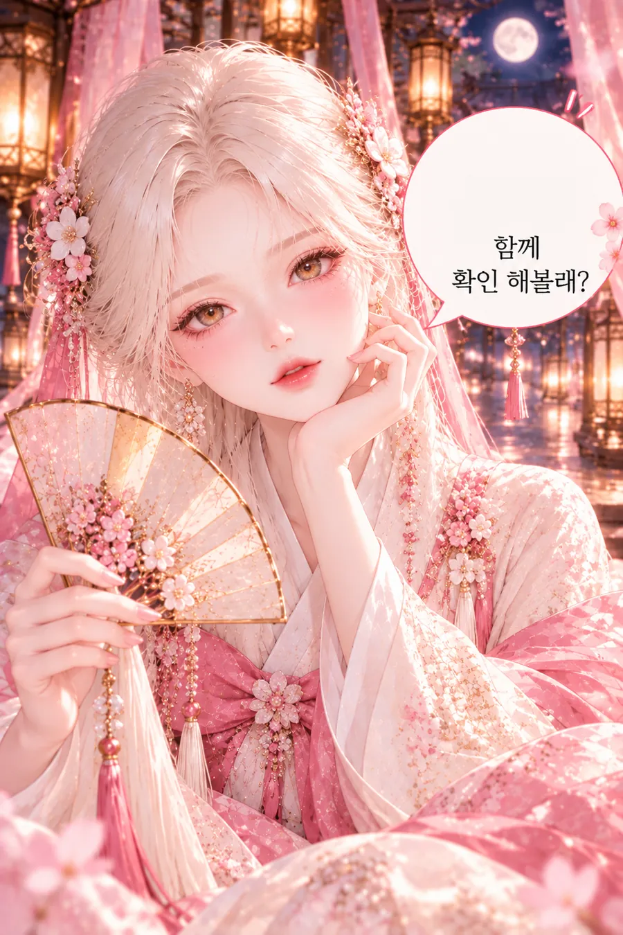 재회 시그널 이야기 — 부채를 들고 턱을 괸 한복 차림의 여성, 등불이 늘어선 밤. 그림 속 문구: 함께 확인 해볼래?