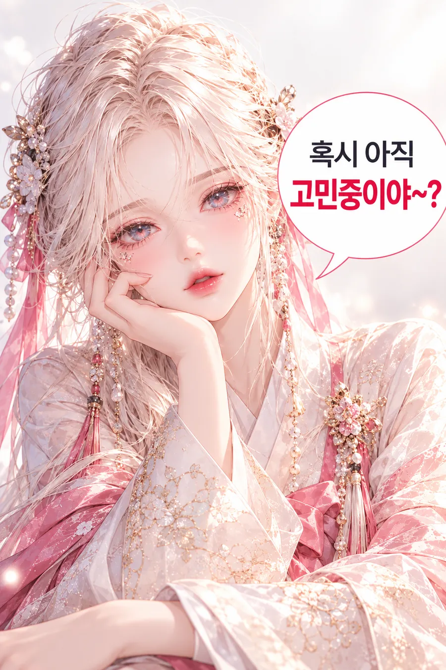 재회 시그널 이야기 — 턱을 괴고 이쪽을 바라보는 한복 차림의 여성. 그림 속 문구: 혹시 아직 고민중이야~?