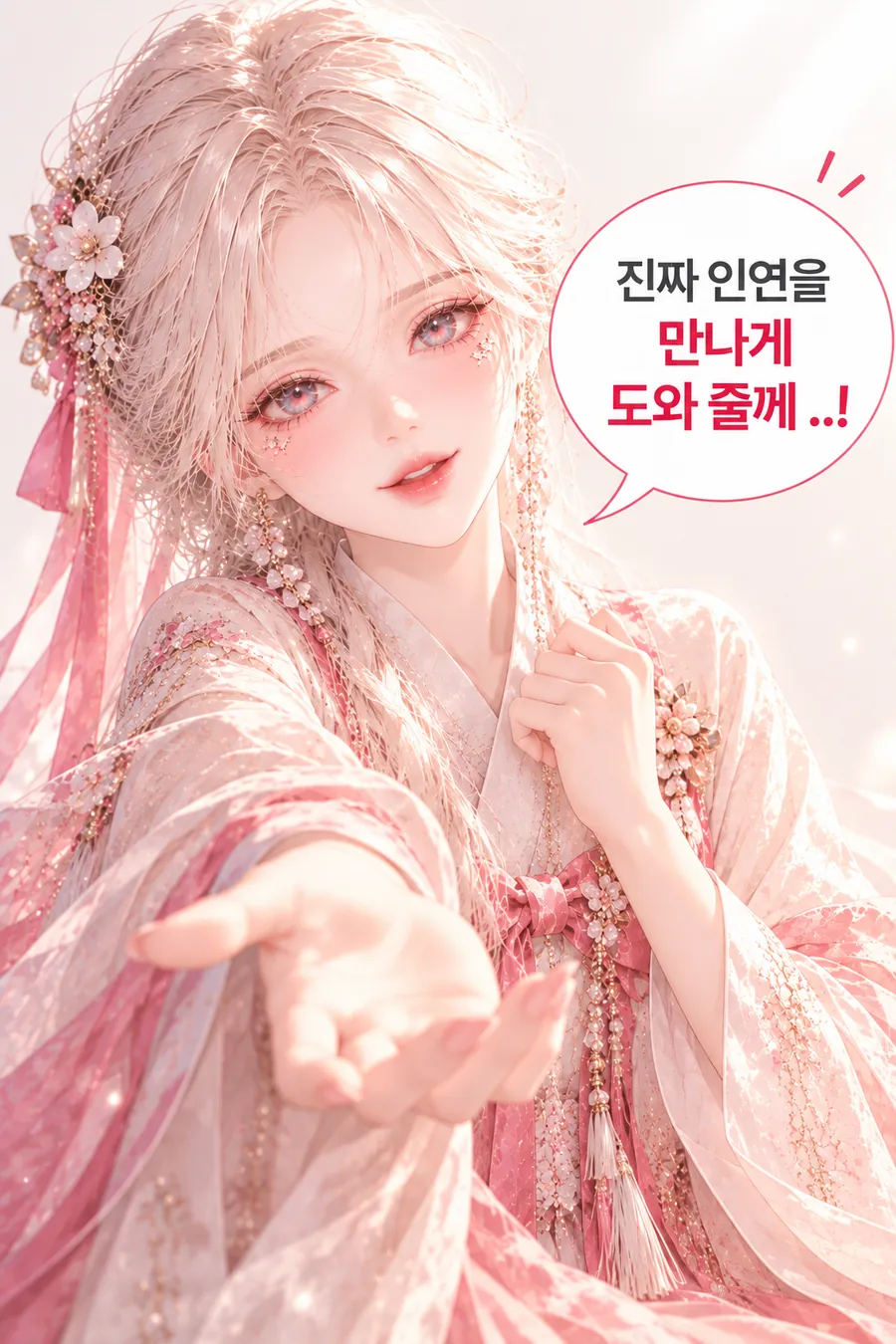 재회 시그널 이야기 — 한 손을 펴서 내밀며 미소 짓는 한복 차림의 여성. 그림 속 문구: 진짜 인연을 만나게 도와 줄께..!