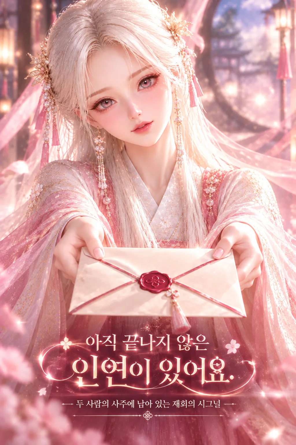 재회 시그널 — 한복 차림의 여성이 밀봉된 편지를 두 손으로 건네는 모습. 그림 속 문구: 아직 끝나지 않은 인연이 있어요, 두 사람의 사주에 남아 있는 재회의 시그널