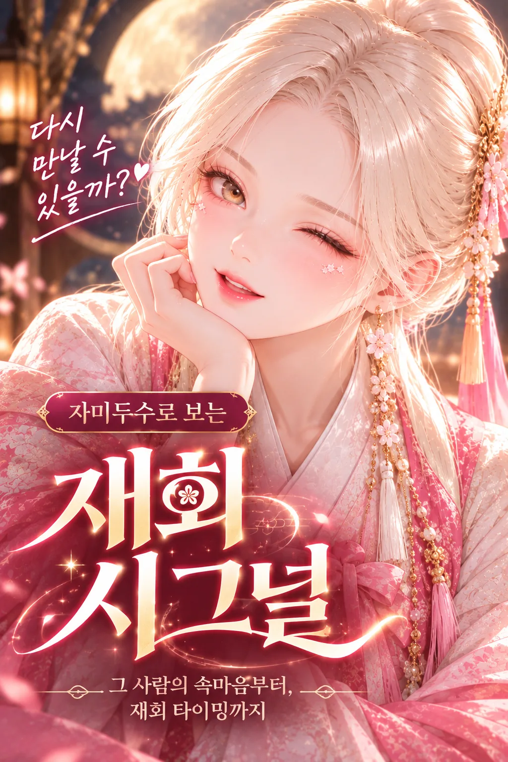 재회 시그널 소개 — 달빛 아래 한복 차림의 여성이 턱을 괴고 윙크하며 웃는 모습. 그림 속 문구: 다시 만날 수 있을까?, 자미두수로 보는 재회 시그널, 그 사람의 속마음부터, 재회 타이밍까지