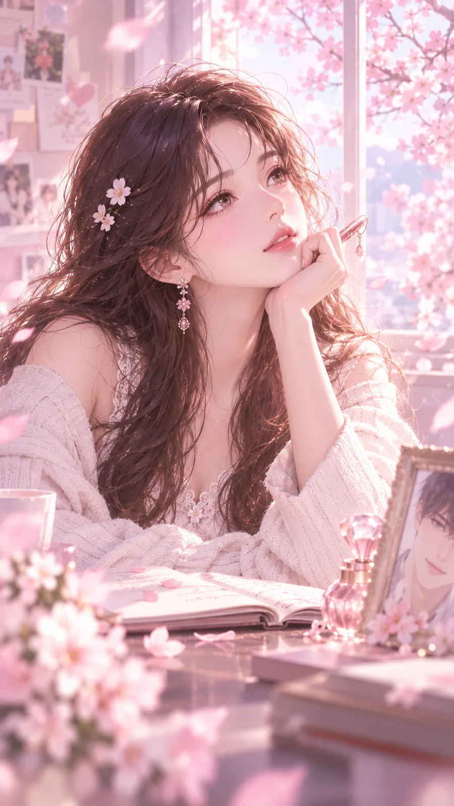 연애운 솔로탈출 1쪽 — 벚꽃이 흩날리는 창가 카페 책상에서 턱을 괴고 창밖을 바라보며 설레는 표정을 짓는 긴 머리 여성, 앞에 펼쳐진 노트와 액자