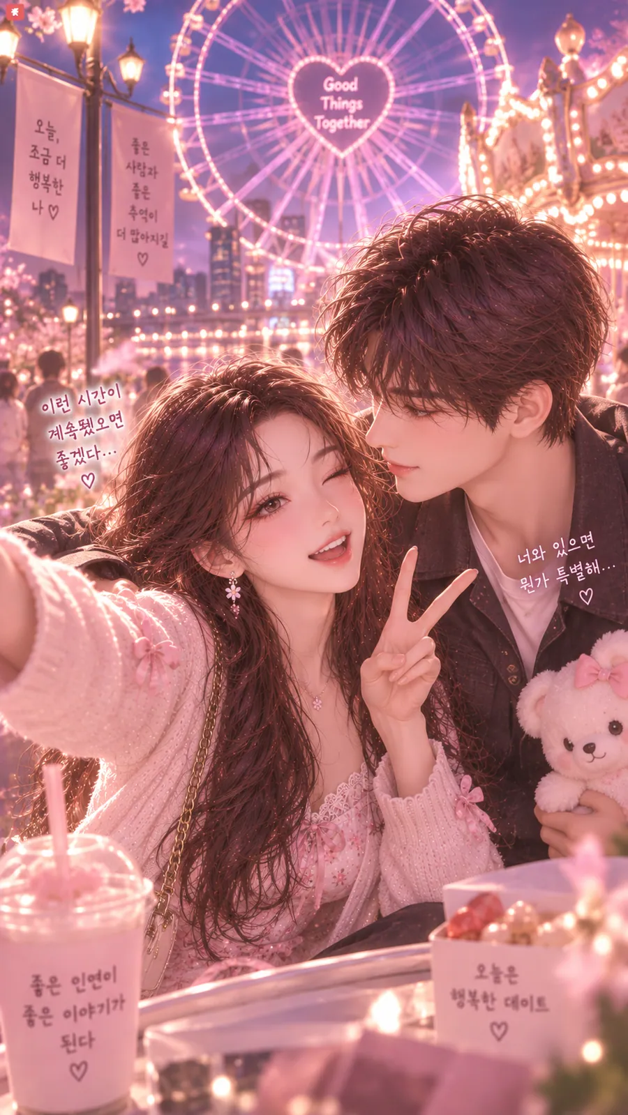 연애운 솔로탈출 13쪽 — 반짝이는 관람차 앞에서 브이를 하며 셀카를 찍는 여성과 그 곁의 남자, 놀이공원의 밤