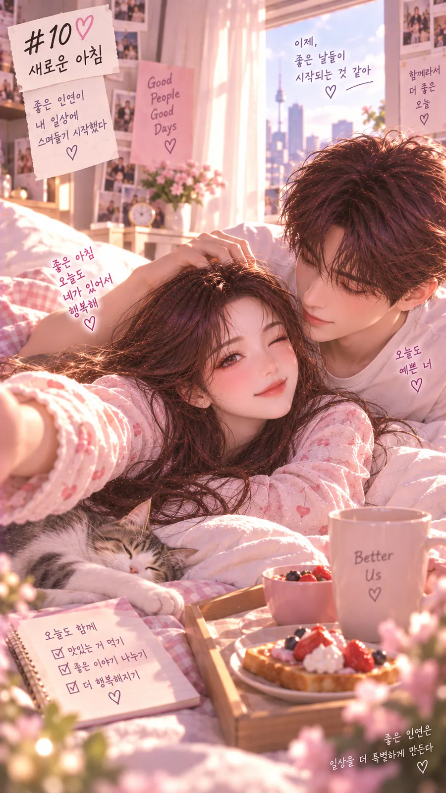 연애운 솔로탈출 15쪽 — 아침 햇살이 드는 침대에서 머그컵을 든 여성과 그 곁에 누운 남자, 브런치 트레이와 손글씨 메모