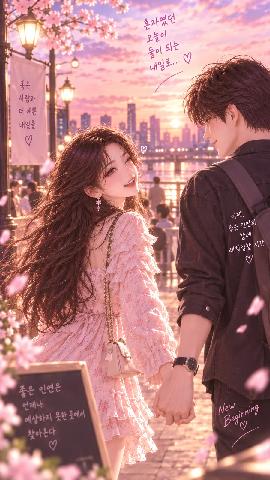 연애운 솔로탈출 17쪽 — 벚꽃이 흩날리는 노을 산책길에서 손을 잡고 걷는 두 사람, 손글씨 칠판 팻말