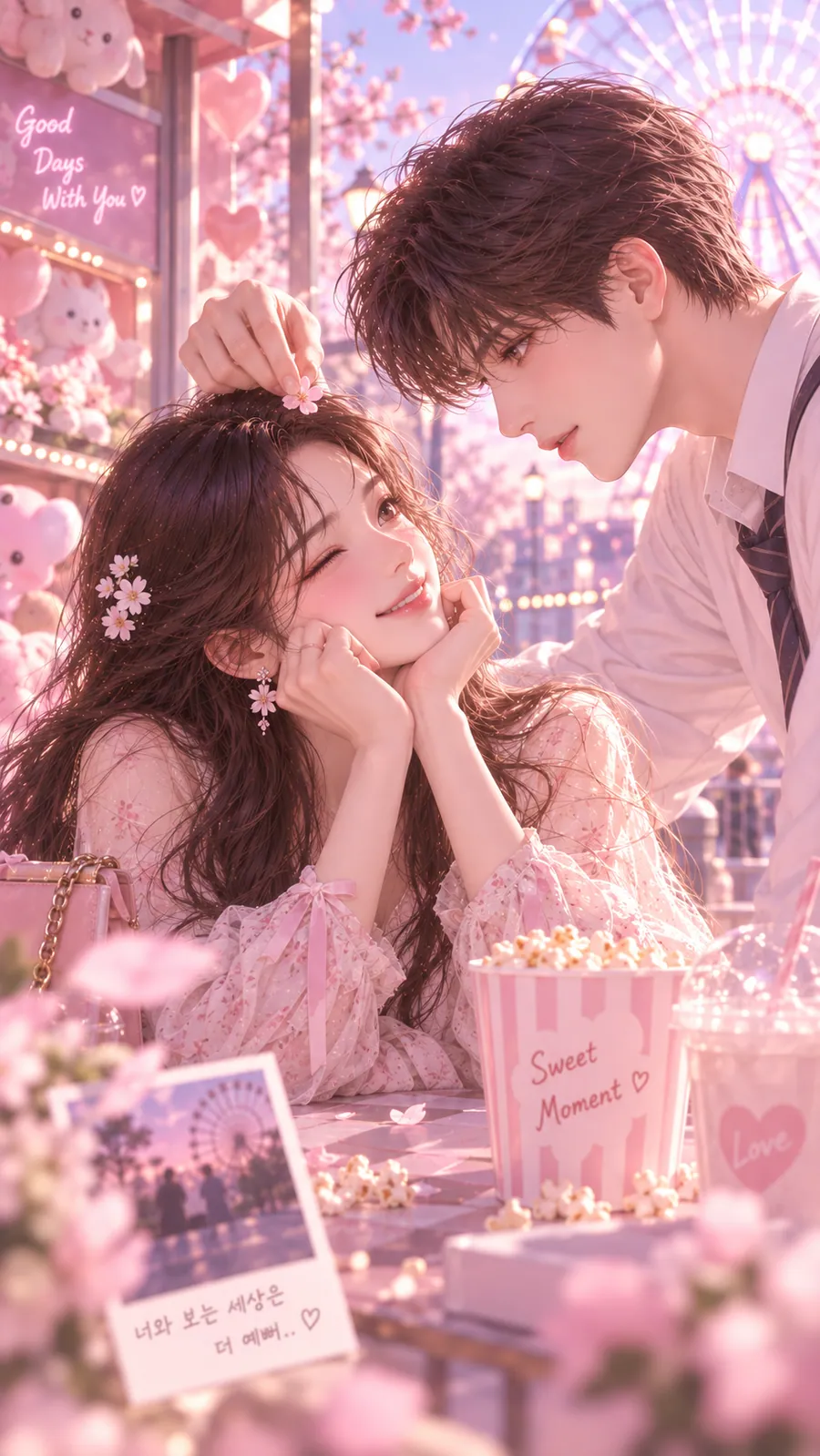 연애운 솔로탈출 3쪽 — 팝콘과 사진이 놓인 카페 테이블에서 핑크색 노트를 안고 웃는 여성과 그 머리 위로 손을 올린 남자, 손글씨 팻말