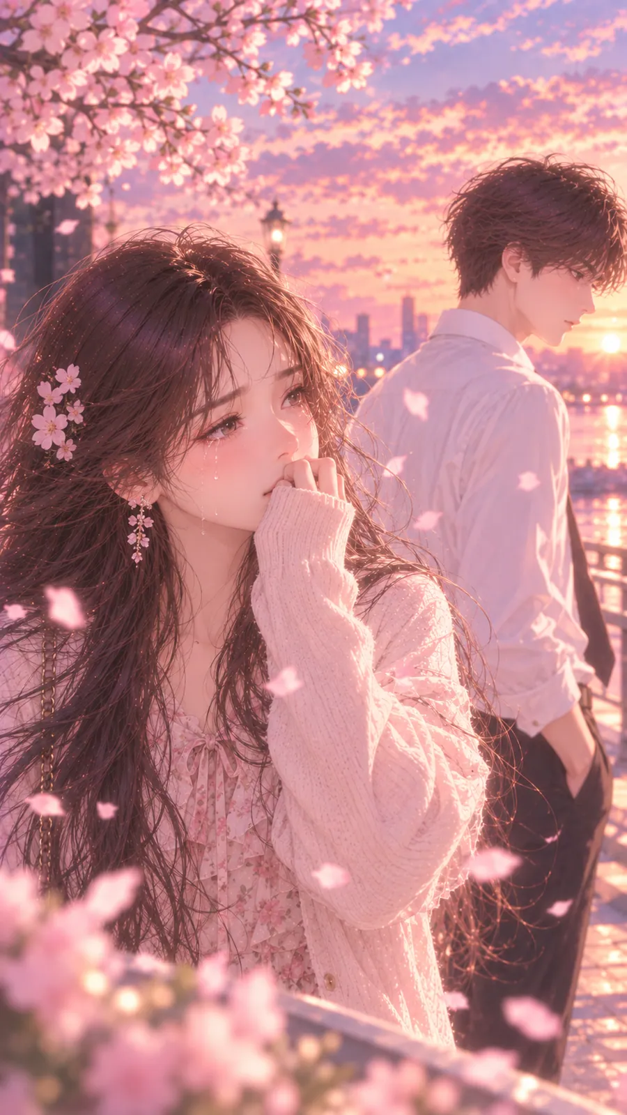 연애운 솔로탈출 5쪽 — 노을 진 도시를 배경으로 입을 가리고 웃는 여성과 등을 돌린 채 서 있는 남자, 흩날리는 벚꽃잎