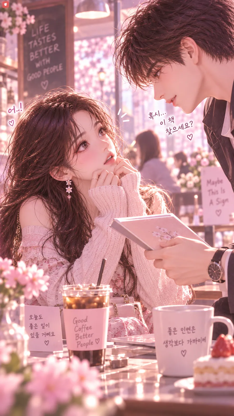 연애운 솔로탈출 7쪽 — 수첩을 펼쳐 보는 남자 곁에서 턱을 괴고 그를 올려다보는 여성, 케이크와 음료가 놓인 카페 테이블