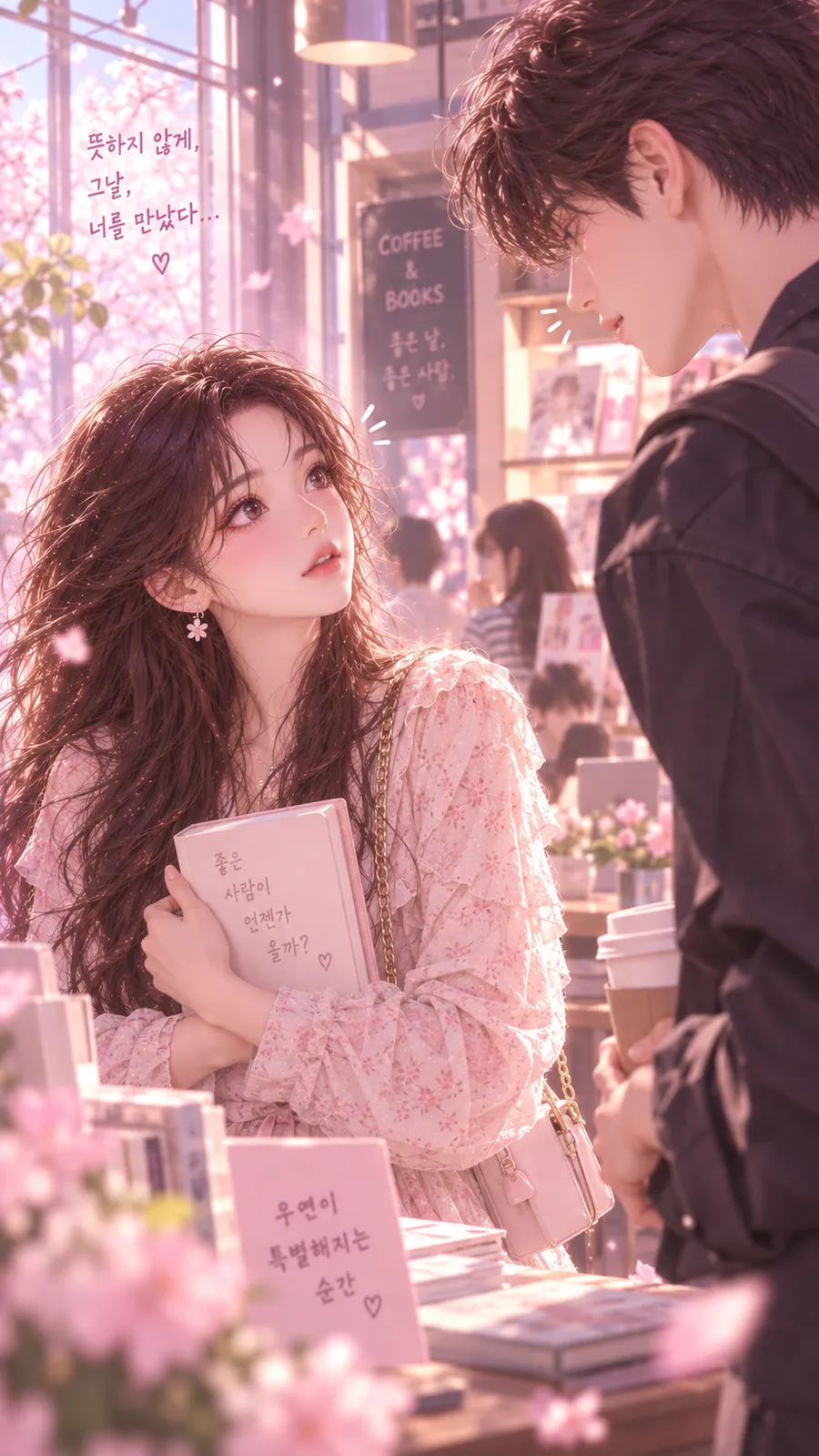 연애운 솔로탈출 9쪽 — 책을 안고 남자를 올려다보는 여성과 등을 보이며 선 남자, 벚꽃이 흩날리는 거리와 손글씨 칠판 팻말