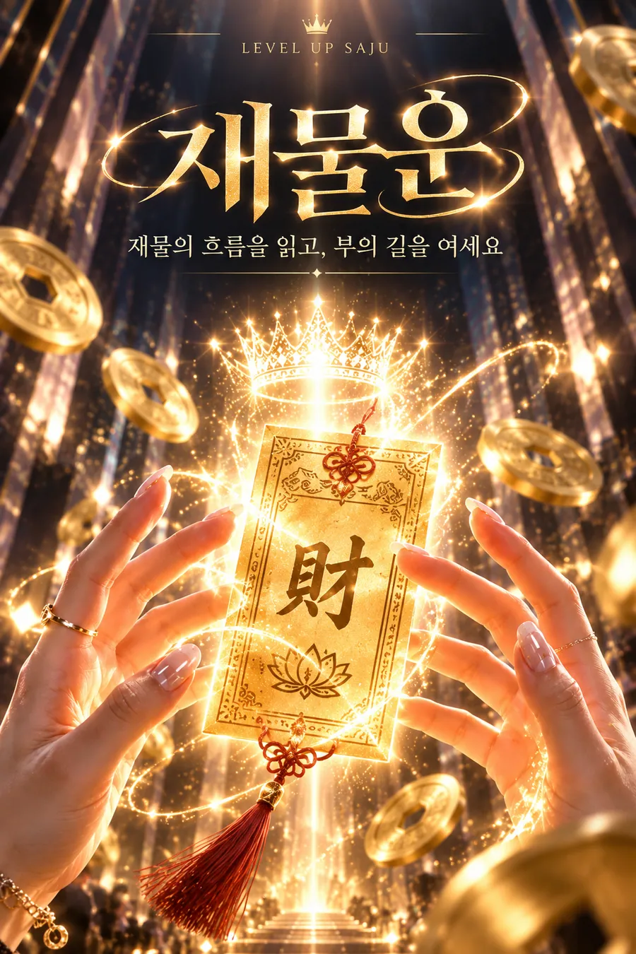 재물운 챕터 1 재물 흐름 — 황금빛 財 부적을 두 손으로 받쳐 든 장면, 금화와 빛줄기가 흩날린다. 그림 속 문구: 재물운, 재물의 흐름을 읽고, 부의 길을 여세요