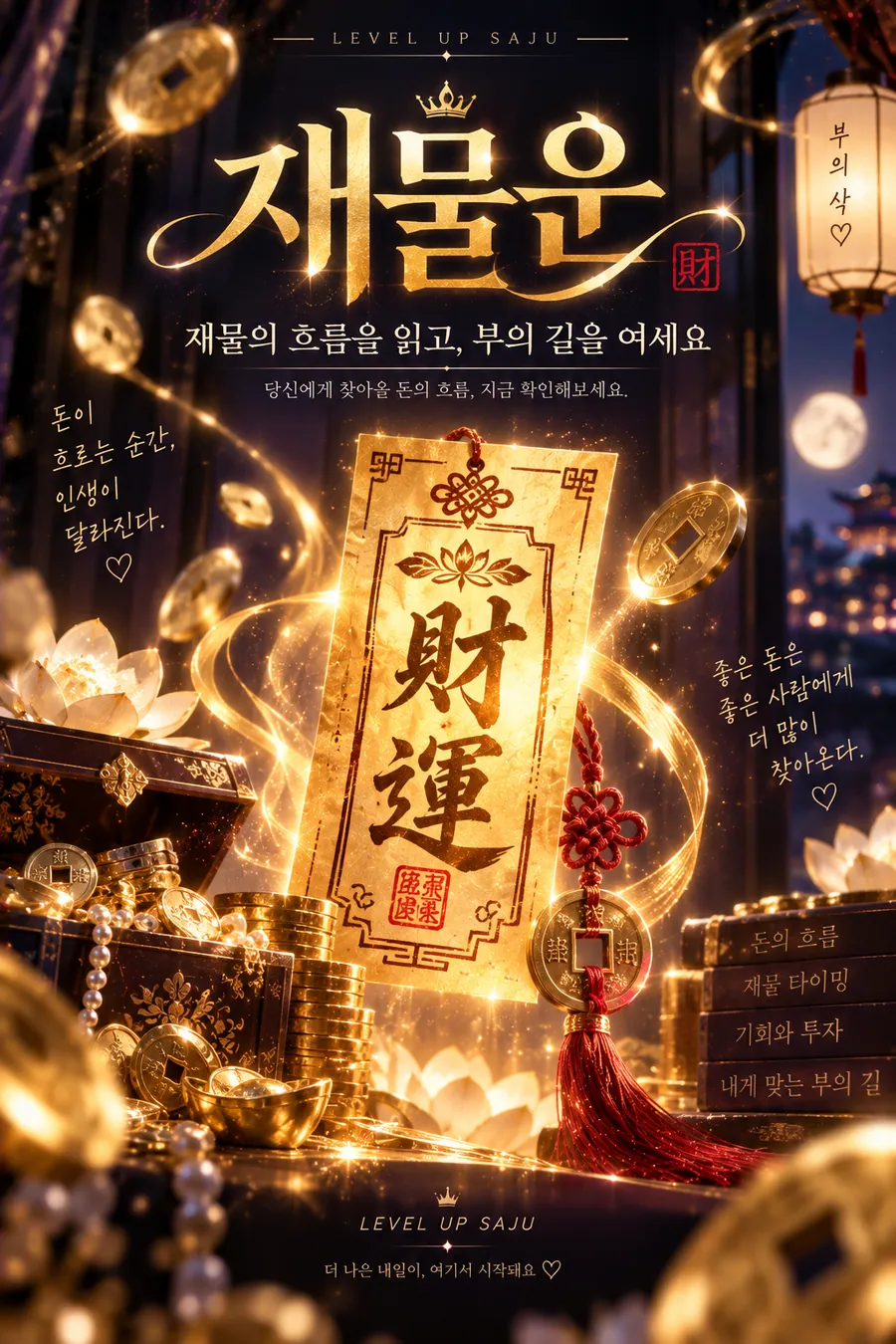 재물운 챕터 2 재물 태도 — 금화와 보석 상자 위에 세워진 황금 財運 부적과 연꽃, 밤 도시 위로 뜬 보름달. 그림 속 문구: 재물운, 재물의 흐름을 읽고, 부의 길을 여세요, 좋은 돈은 좋은 사람에게 더 많이 찾아온다