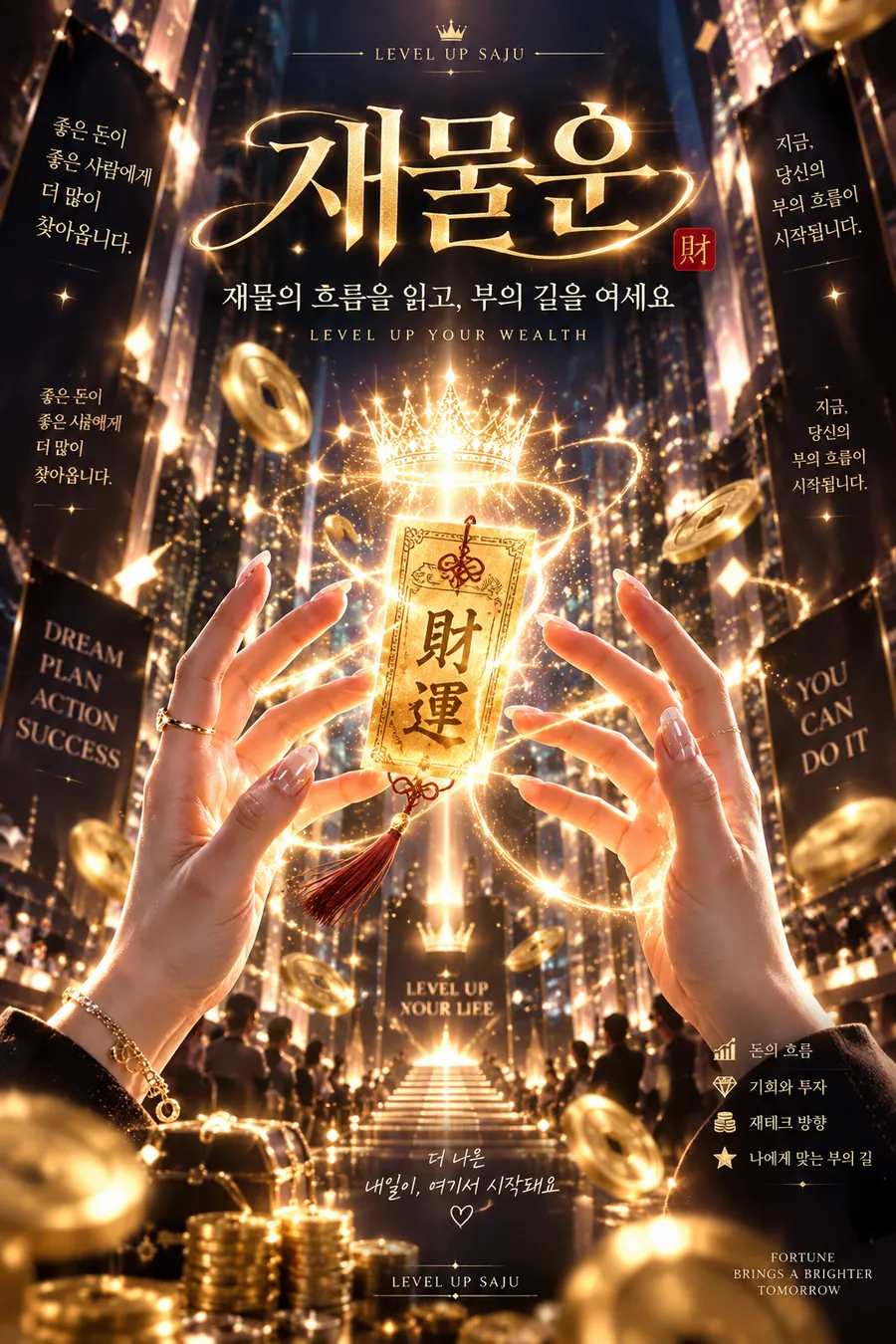재물운 챕터 3 재물의 기회 — 빛나는 財運 부적 아래로 두 손을 뻗은 장면, 양옆 안내 판과 금화 더미. 그림 속 문구: 재물운, 재물의 흐름을 읽고, 부의 길을 여세요, DREAM PLAN ACTION SUCCESS, YOU CAN DO IT, 돈의 흐름 · 기회와 투자 · 재테크 방향 · 나에게 맞는 부의 길