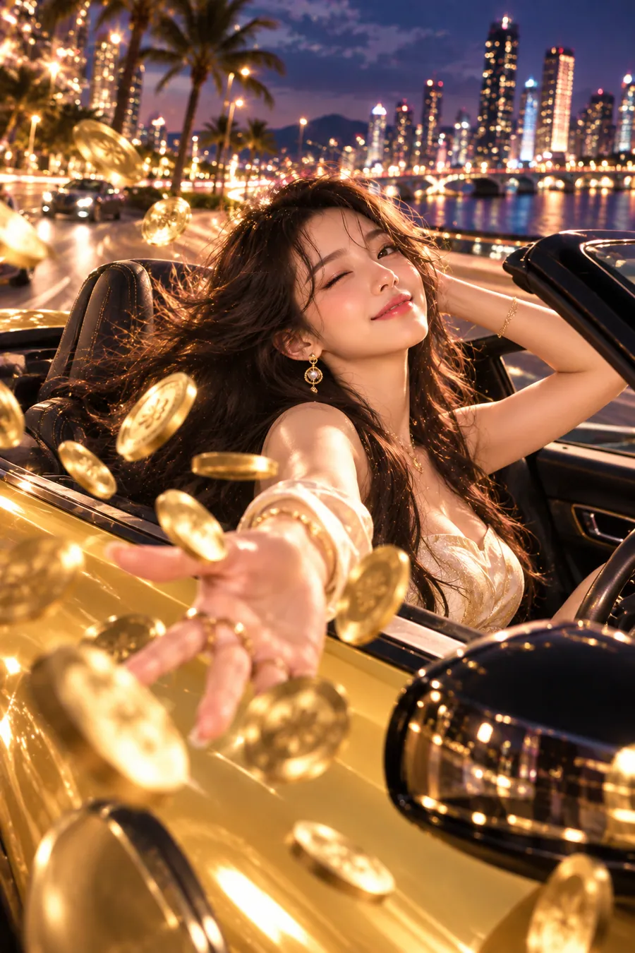 재물운 챕터 5 재물 관리 — 금빛 오픈카 안에서 눈을 감고 웃으며 금화가 흩날리는 쪽으로 손을 뻗은 여성, 뒤로 야자수와 도시 야경